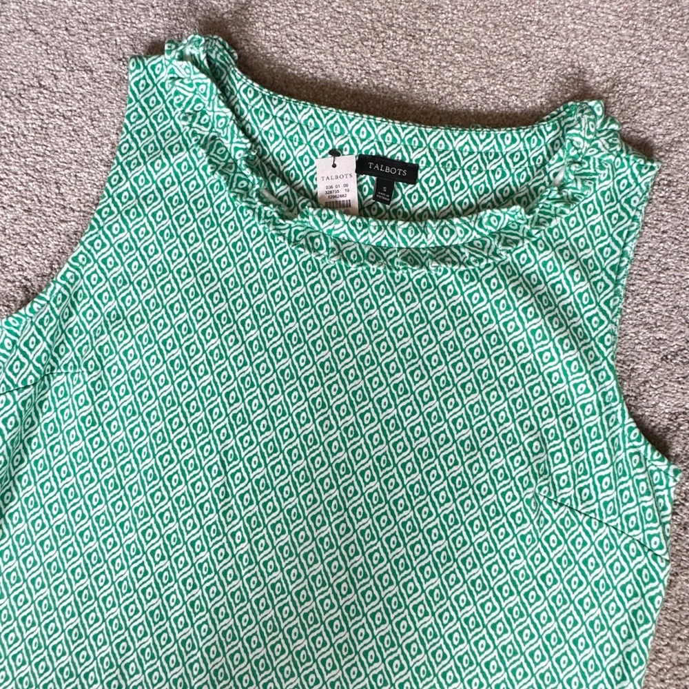 Talbots Sleeveless Dress Green White Diamond Print Casual Summer‎ Size S New